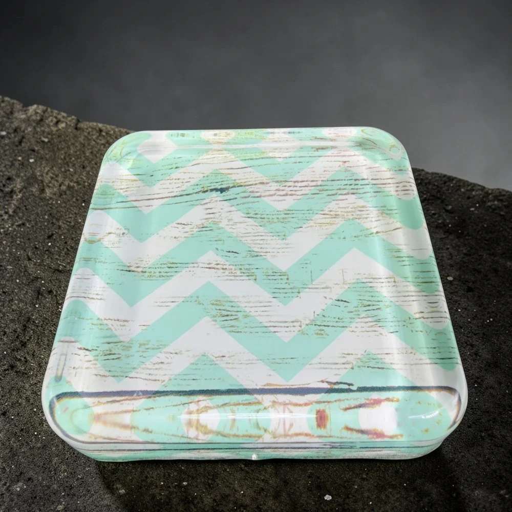 Mint Green Chevron‎ Glass Trinket Dish Square Decorative Jewelry Paperweight VTG